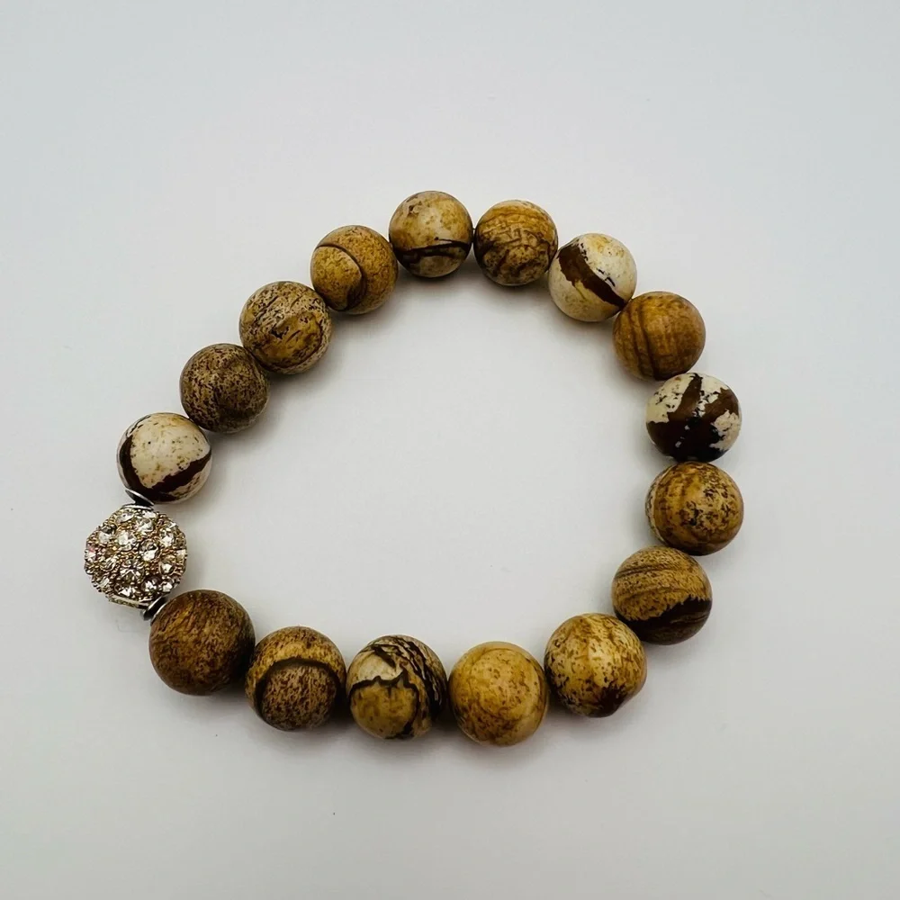 Brown Stretch Bracelet w/ Rhinestone Bead Boho Natural Stone